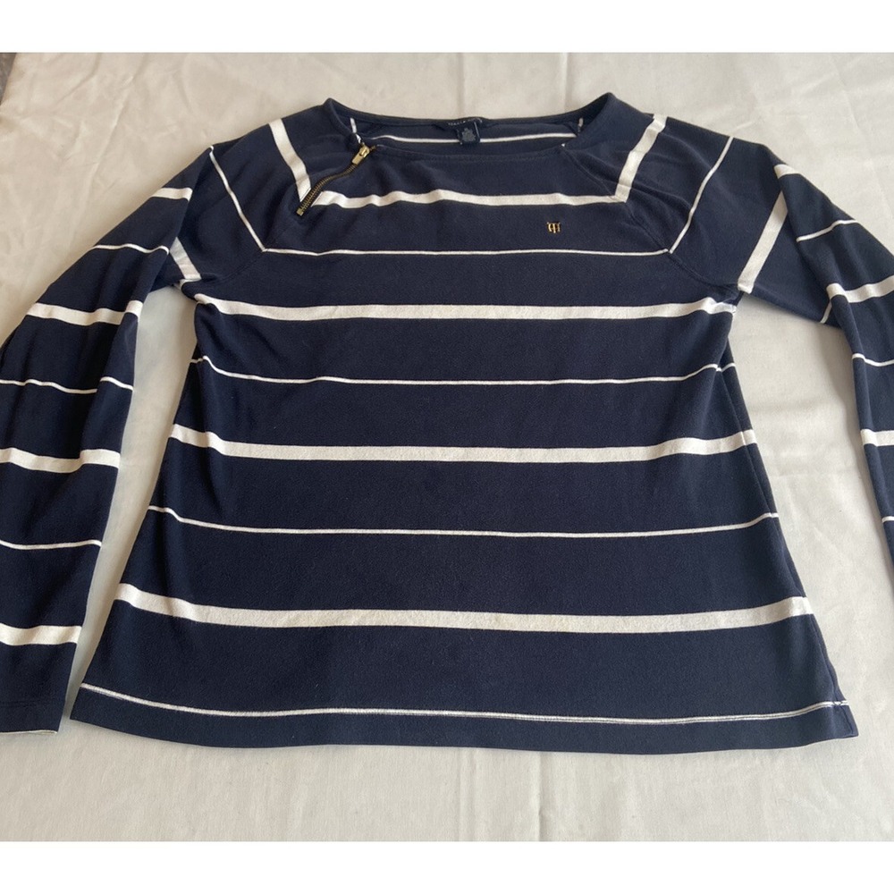 Tommy Hilfiger Shirt Womens XL White Blue Striped Pullover Long Sleeve Casual
